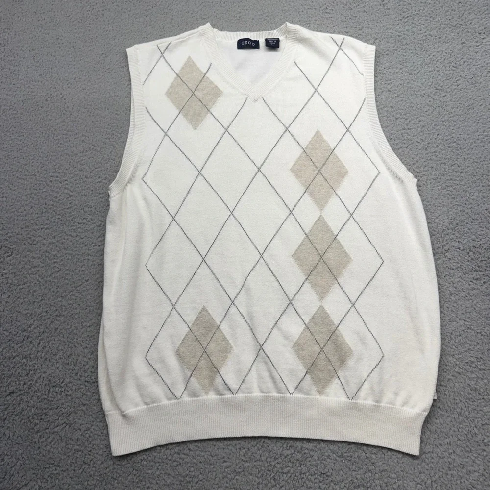 IZOD PC-772 Mens Size Large Cream Argyle V-Neck‎ Cotton Knit Sweater Vest